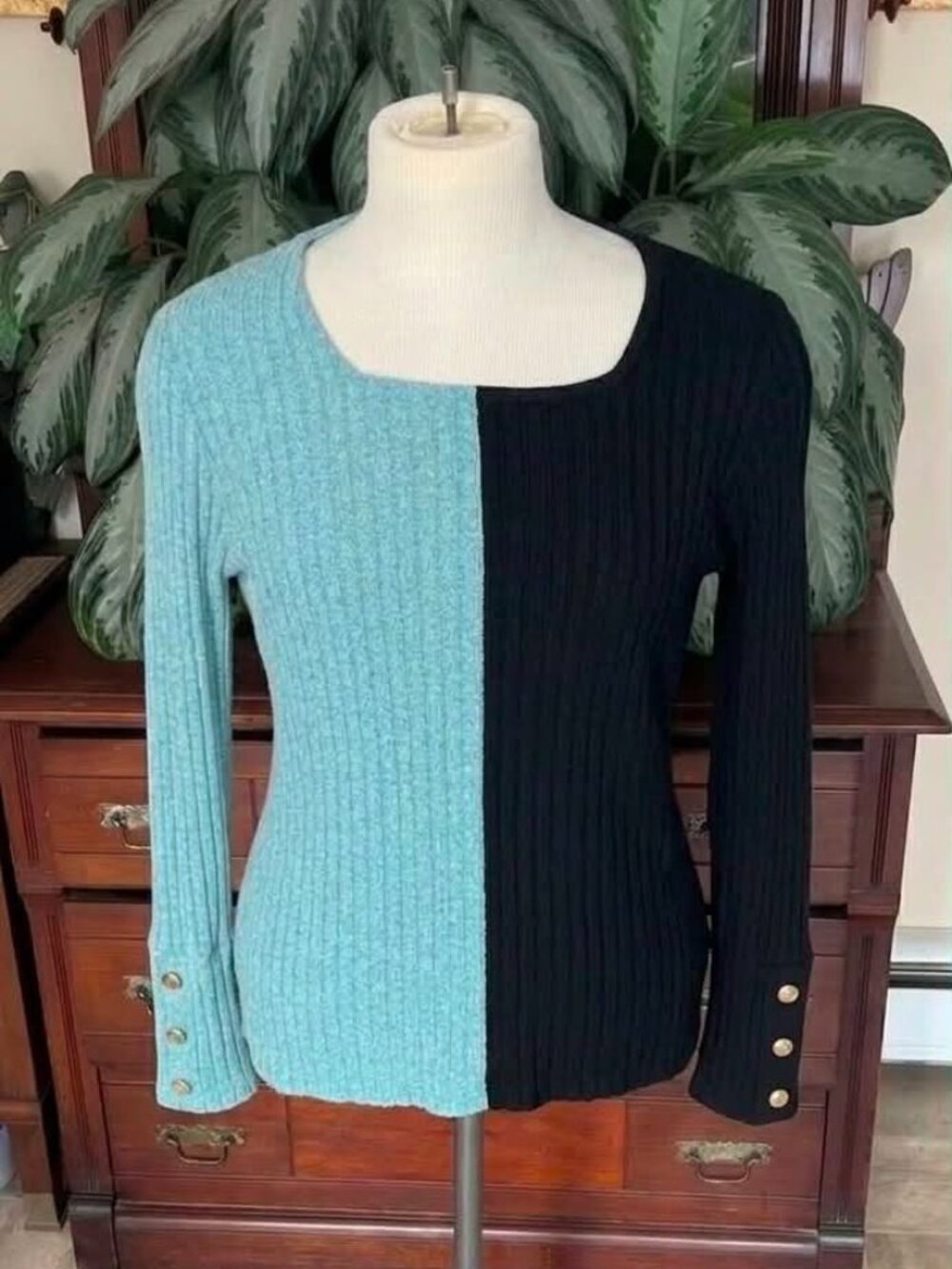 Women's Color Block Ribbed Knit Sweater Blue Black Button Cuff XXL  #003